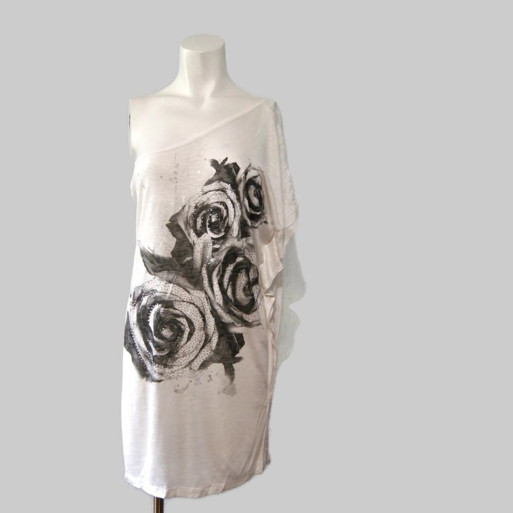 Shamu USA Women's One Shoulder Roses White Floral Blouse Top Size L Made In USA